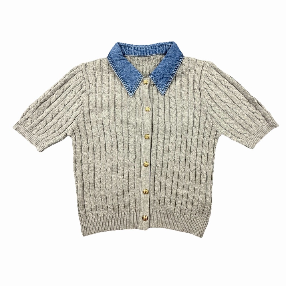 COMENSE Gray Cable Knit Short‎ Sleeve Cardigan Denim Collar M